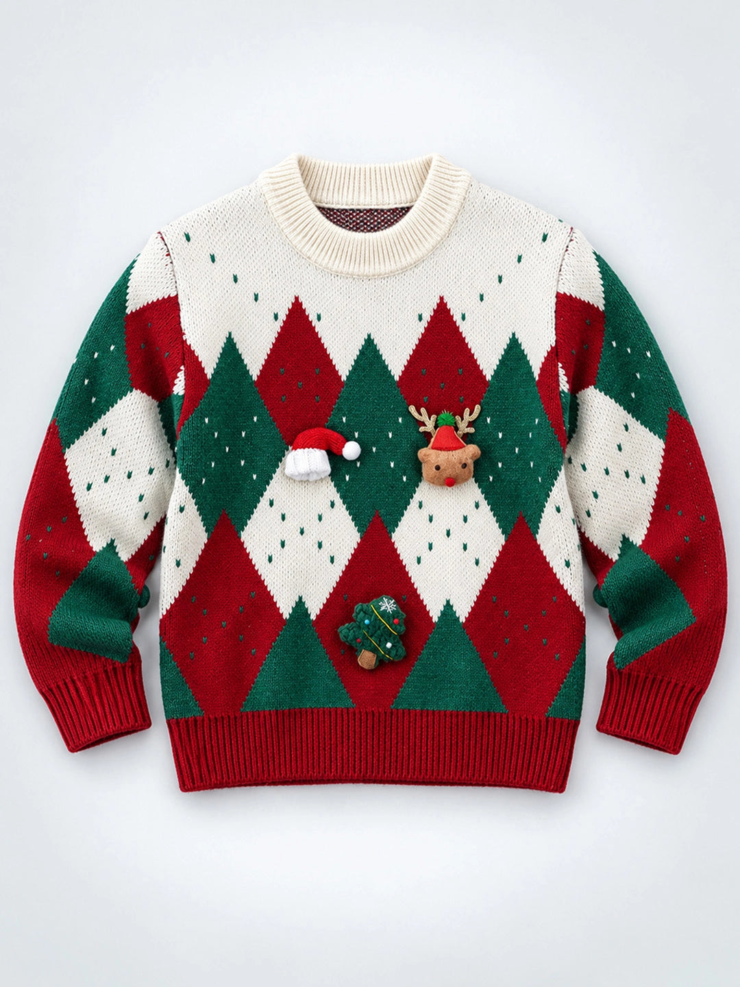 Red Argyle Pattern Knitted Winter Cardigan, Christmas Sweater for Kids