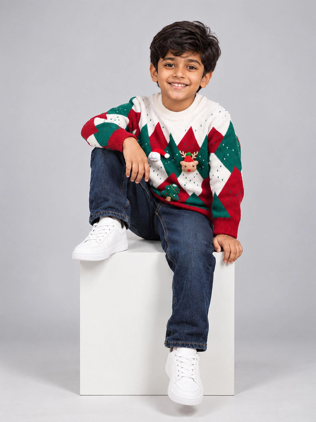 Red Argyle Pattern Knitted Winter Cardigan, Christmas Sweater for Kids