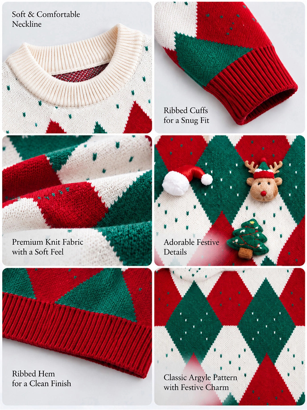 Red Argyle Pattern Knitted Winter Cardigan, Christmas Sweater for Kids