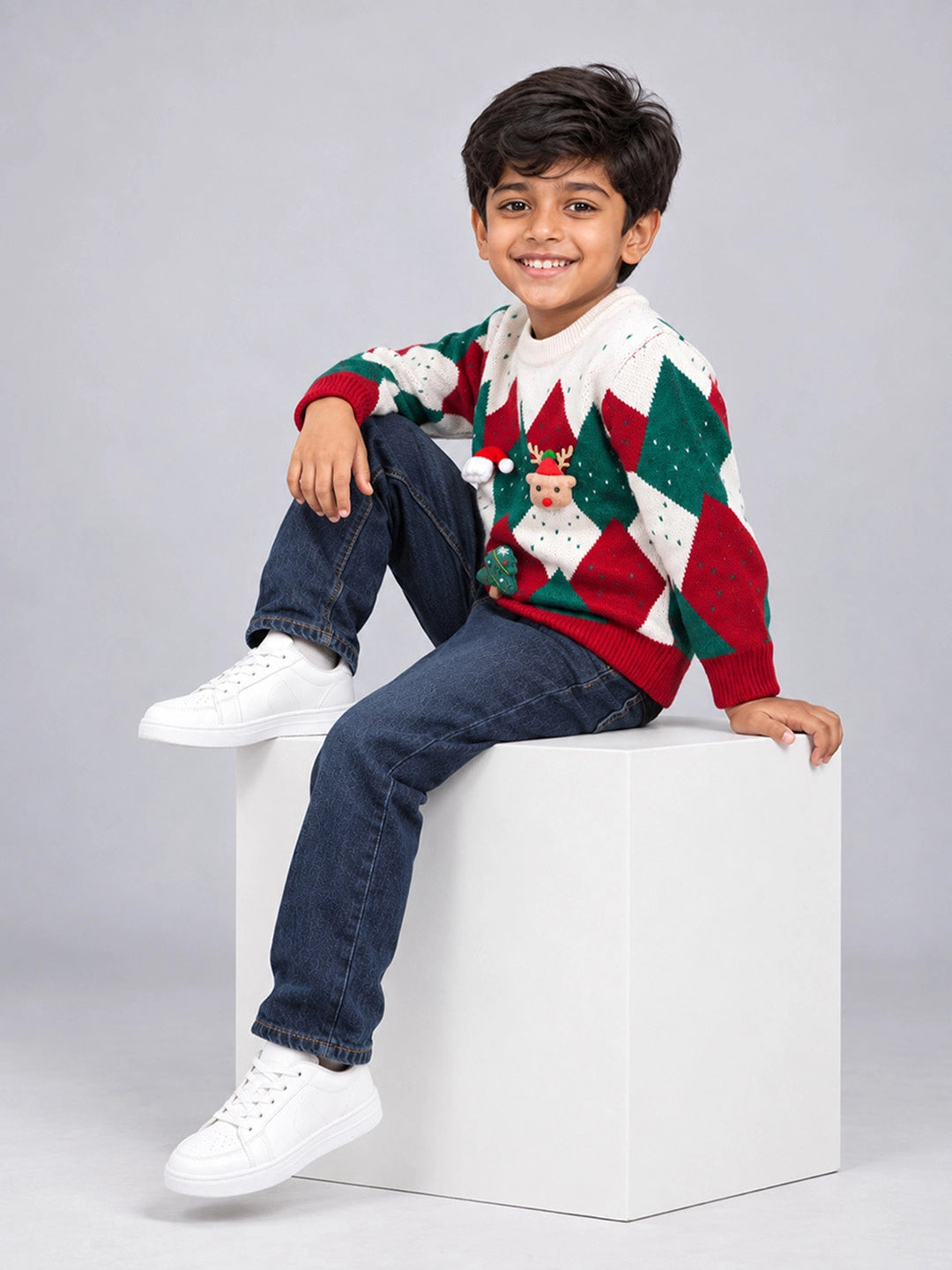 Red Argyle Pattern Knitted Winter Cardigan, Christmas Sweater for Kids