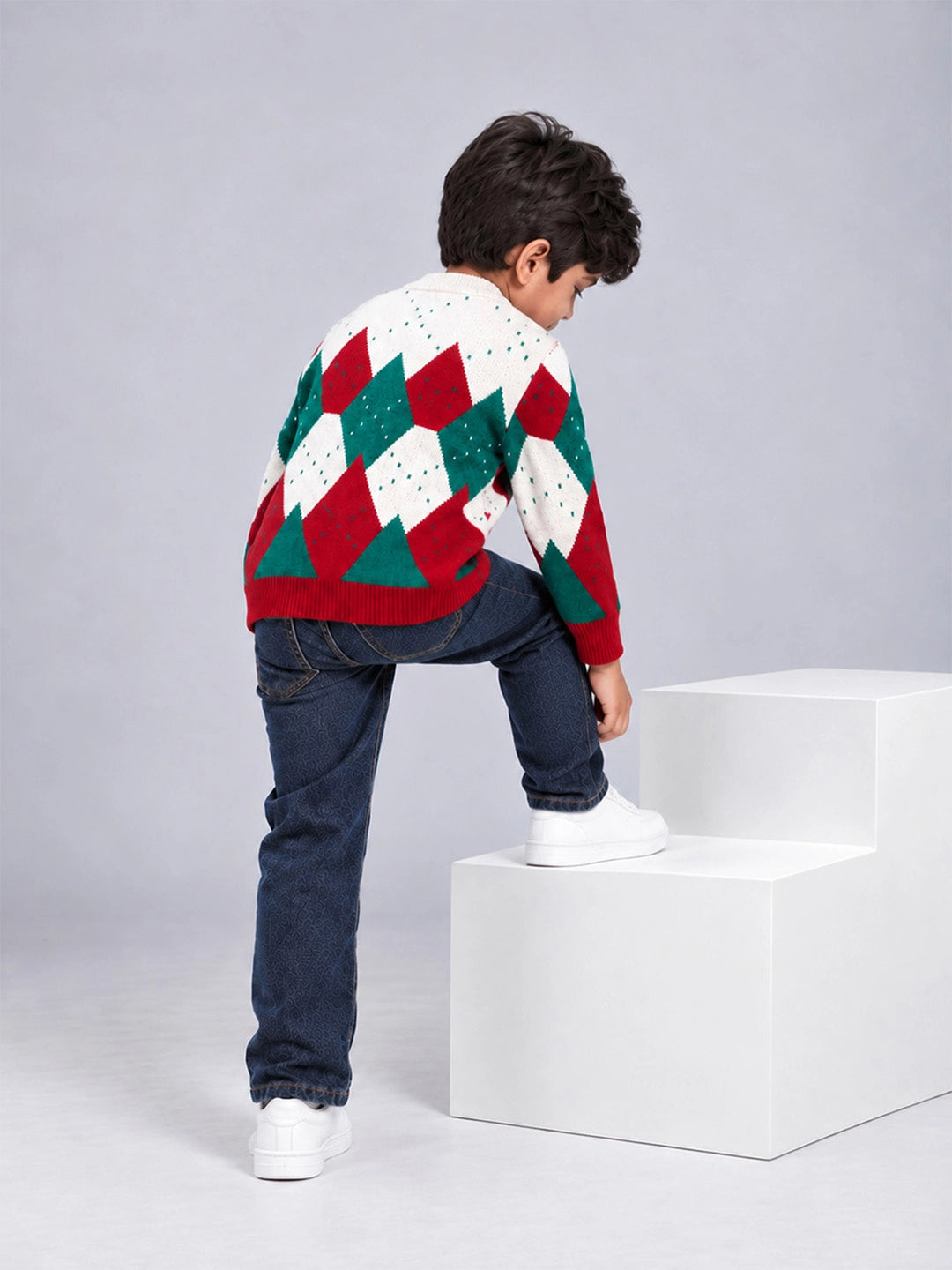 Red Argyle Pattern Knitted Winter Cardigan, Christmas Sweater for Kids