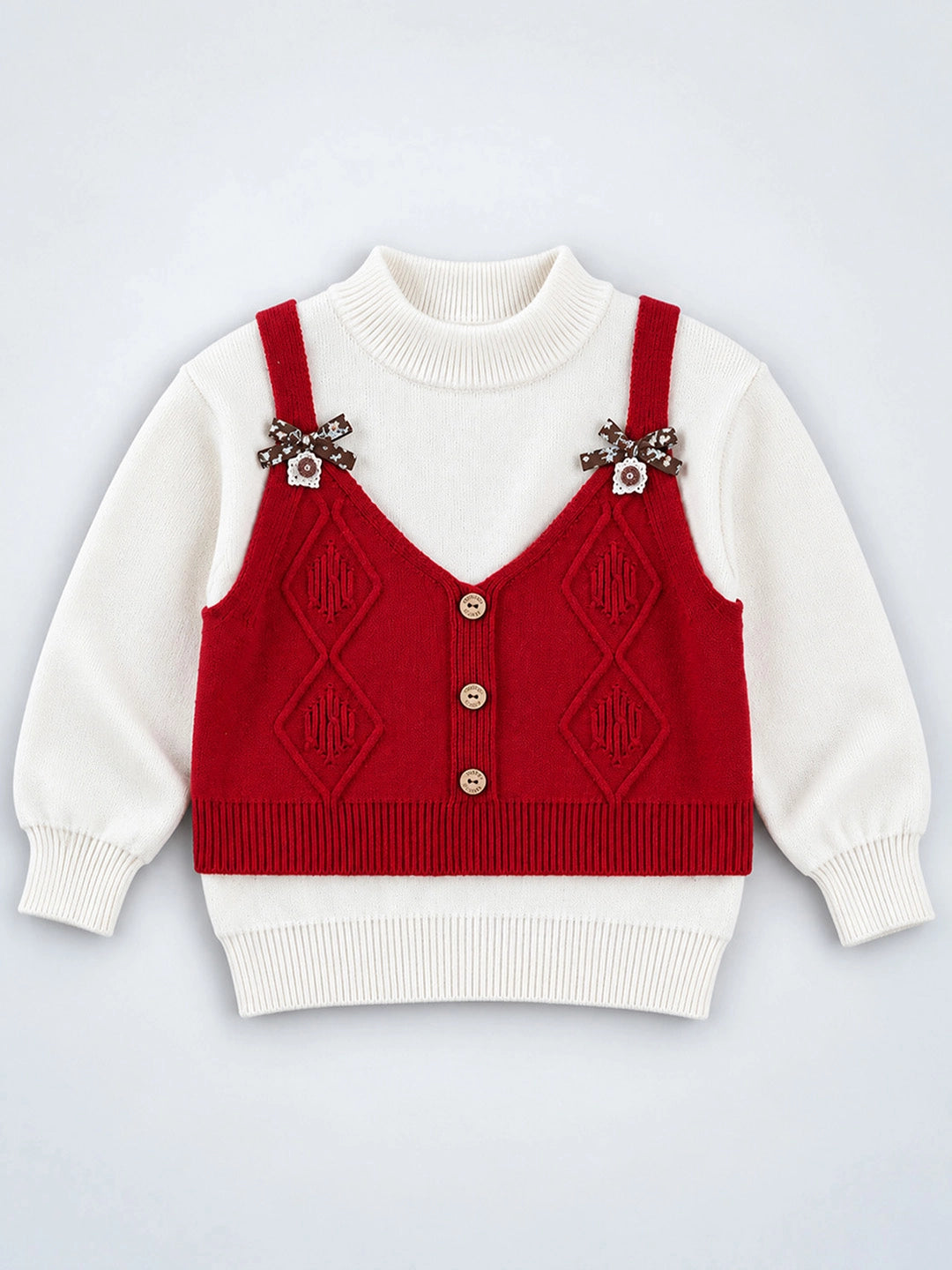 Cream & Red Bow Clip jacket Layered Look Winter Cardigan, Christmas Sweater for Kids