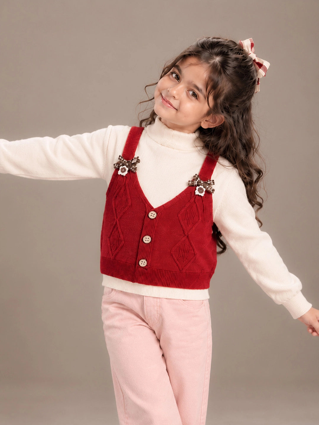 Cream & Red Bow Clip jacket Layered Look Winter Cardigan, Christmas Sweater for Kids
