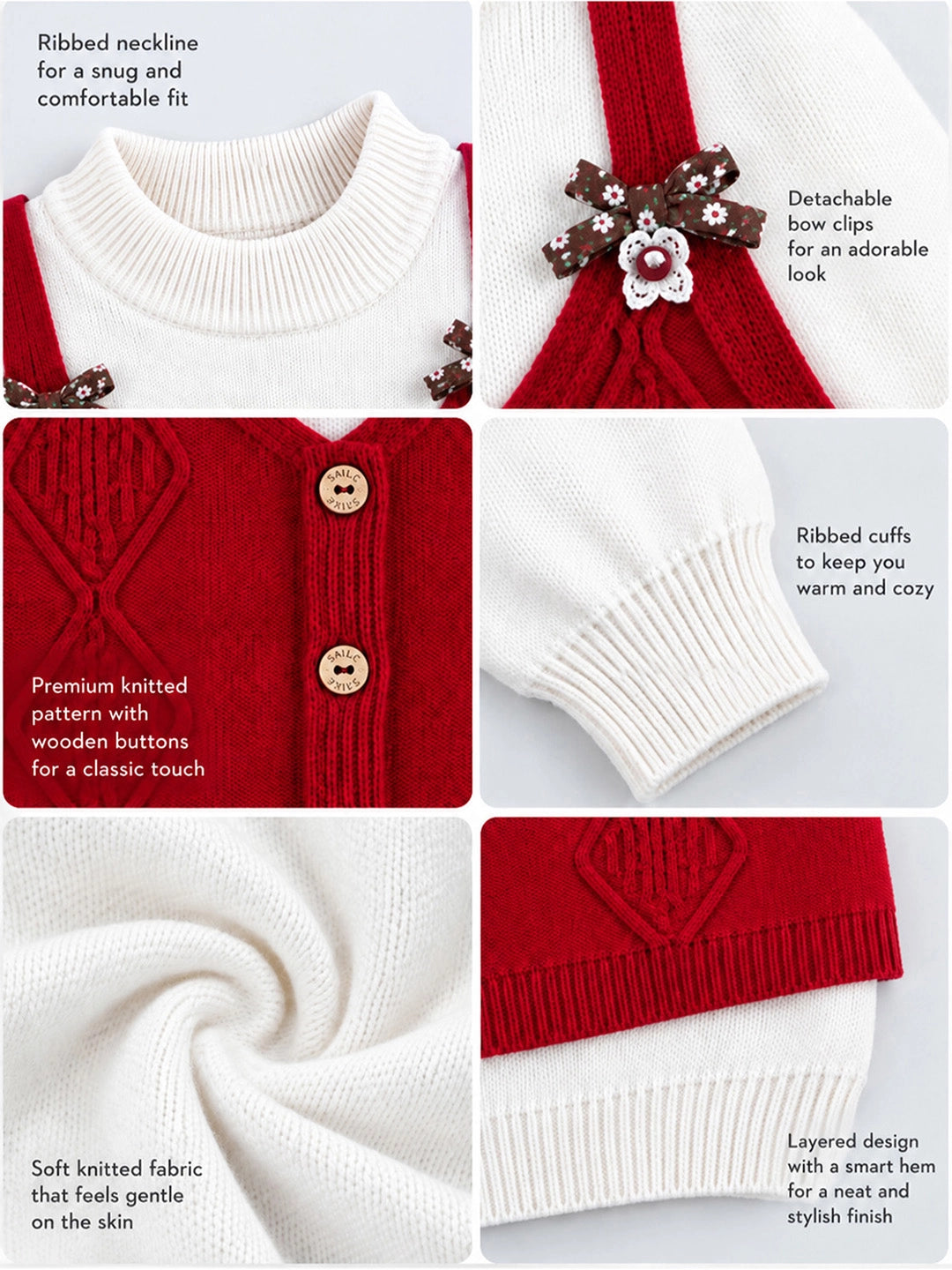 Cream & Red Bow Clip jacket Layered Look Winter Cardigan, Christmas Sweater for Kids