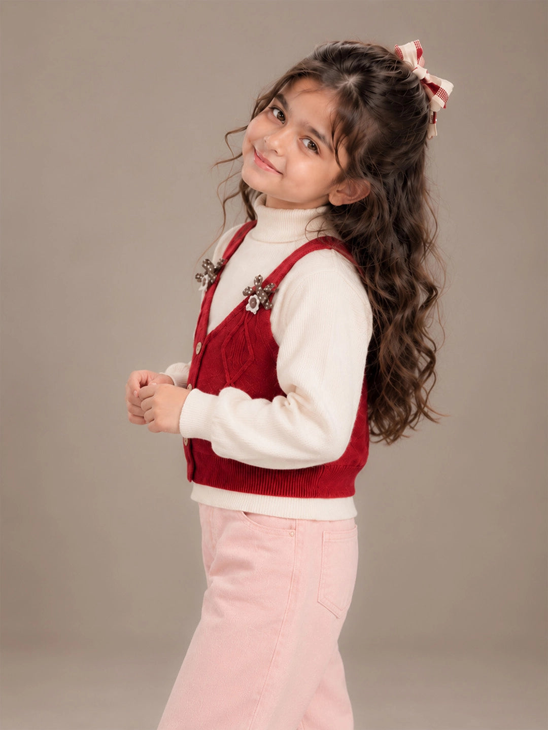 Cream & Red Bow Clip jacket Layered Look Winter Cardigan, Christmas Sweater for Kids