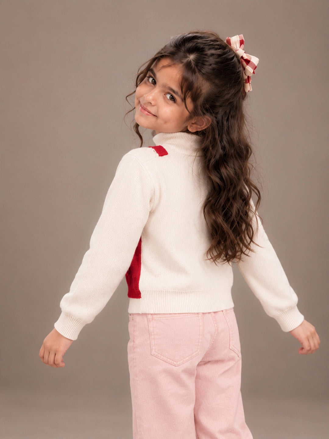 Cream & Red Bow Clip jacket Layered Look Winter Cardigan, Christmas Sweater for Kids