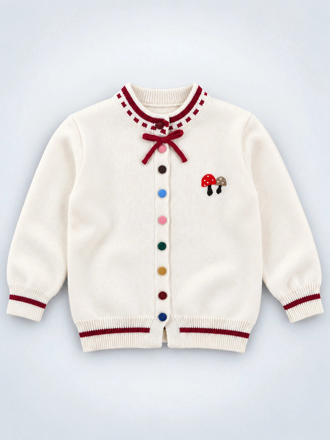 Cream & Red Bow Mushroom Knitted Winter Cardigan, Christmas Sweater for Kids