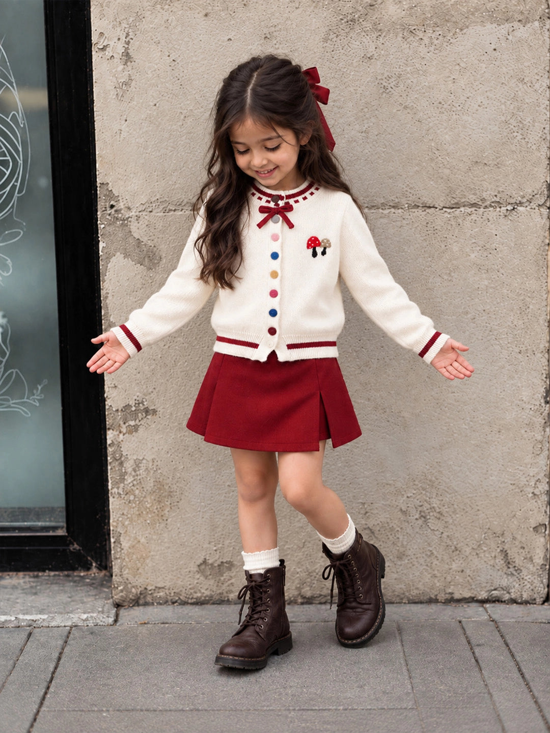 Cream & Red Bow Mushroom Knitted Winter Cardigan, Christmas Sweater for Kids