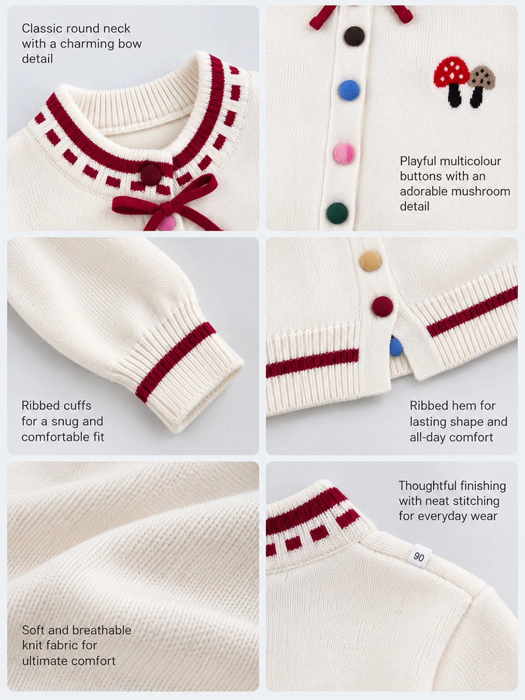 Cream & Red Bow Mushroom Knitted Winter Cardigan, Christmas Sweater for Kids