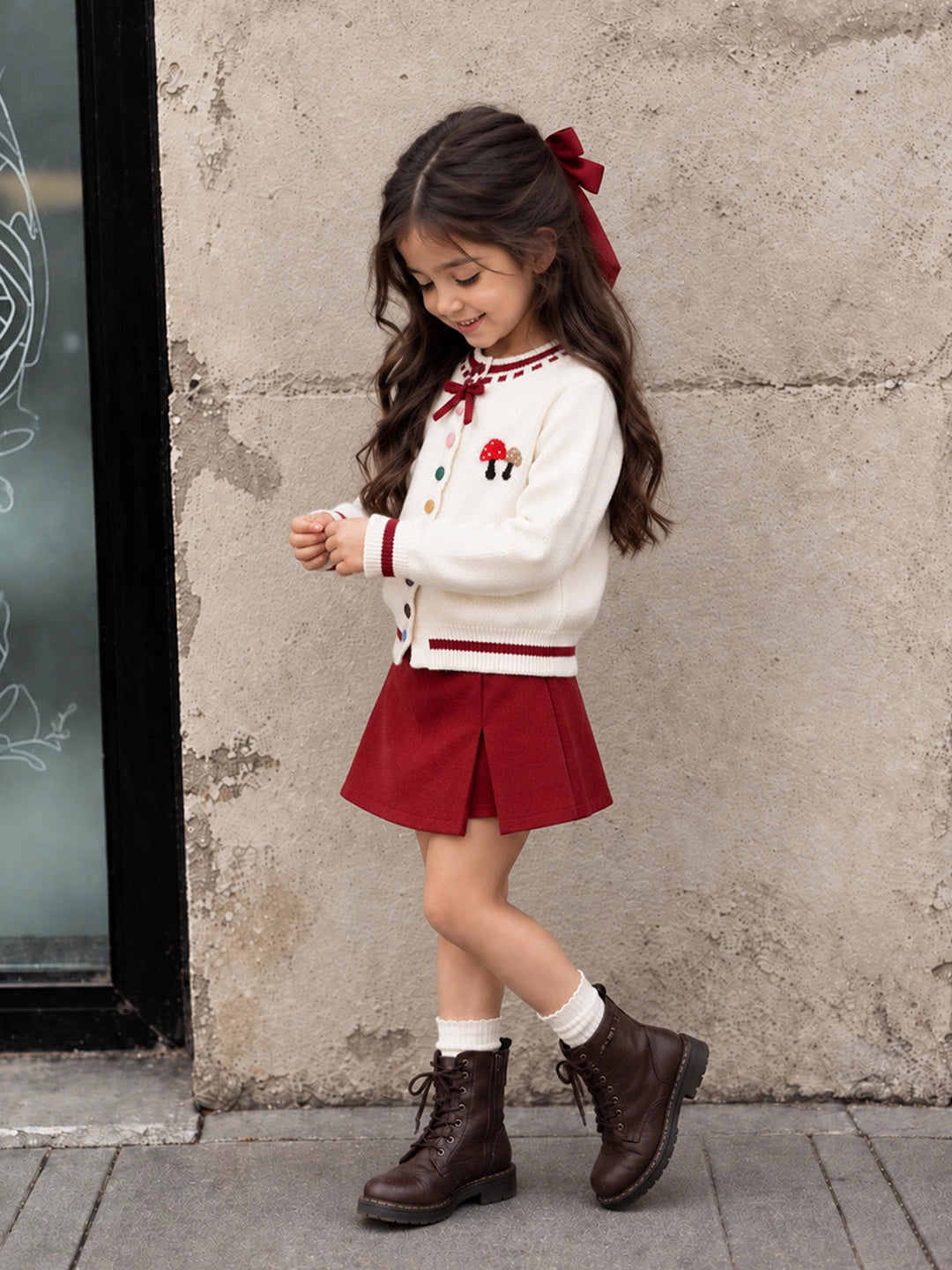 Cream & Red Bow Mushroom Knitted Winter Cardigan, Christmas Sweater for Kids