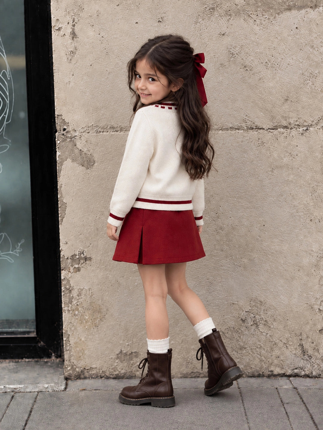 Cream & Red Bow Mushroom Knitted Winter Cardigan, Christmas Sweater for Kids