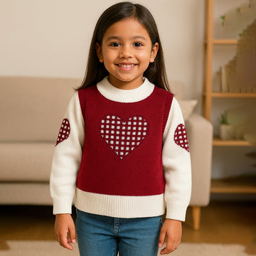 Red checks Heart Cardigan with Muffler, Christmas Winter Sweatshirt for Kids