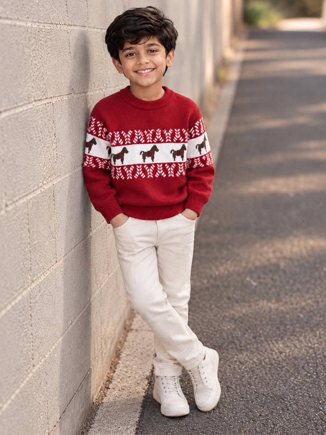 Red Horse Pattern Knitted Winter Cardigan, Christmas Sweater for Kids
