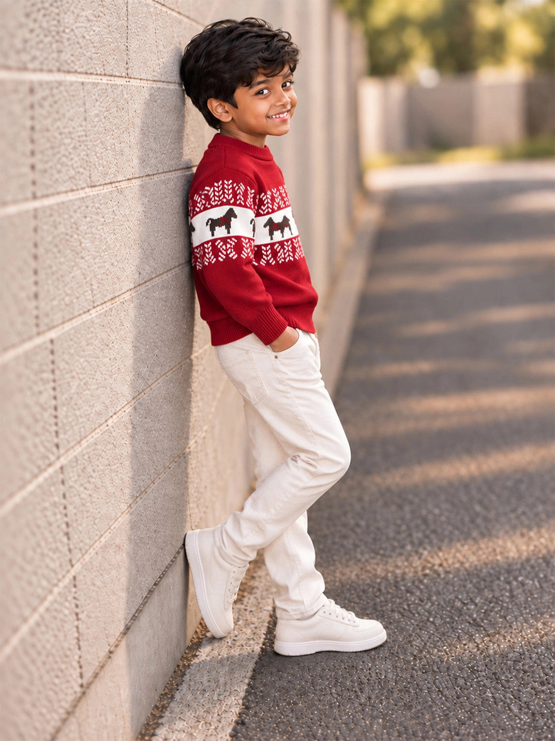 Red Horse Pattern Knitted Winter Cardigan, Christmas Sweater for Kids