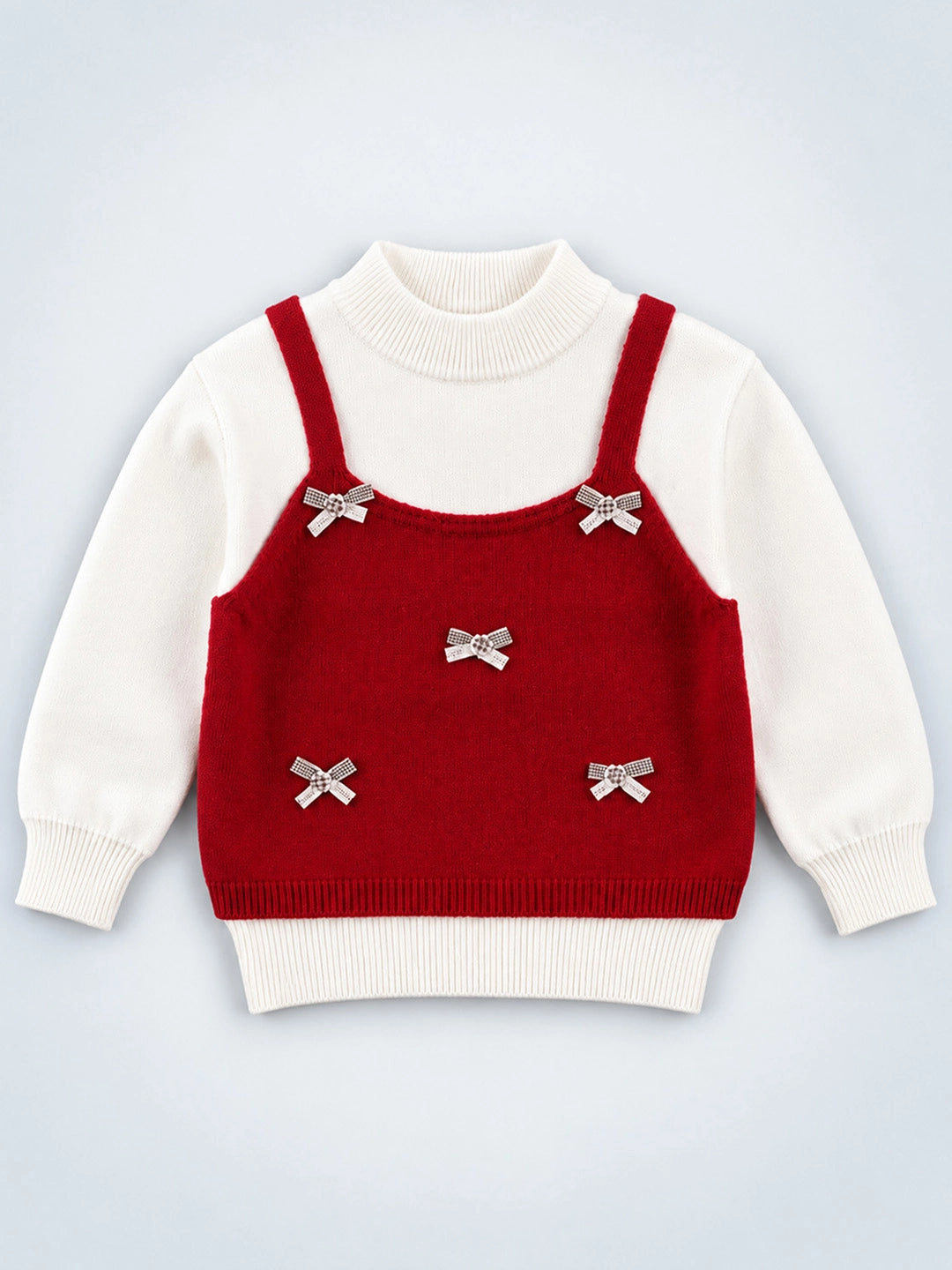 Red Lil Bows jacket Layered look Winter Cardigan, Christmas Sweater for Kids