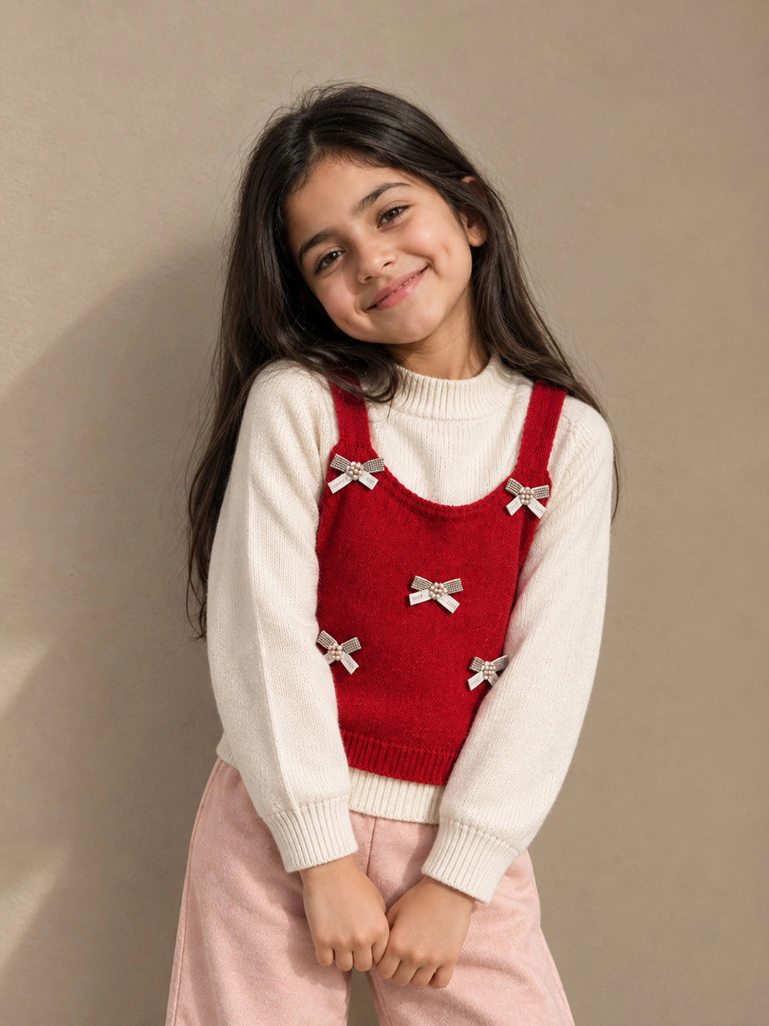 Red Lil Bows jacket Layered look Winter Cardigan, Christmas Sweater for Kids