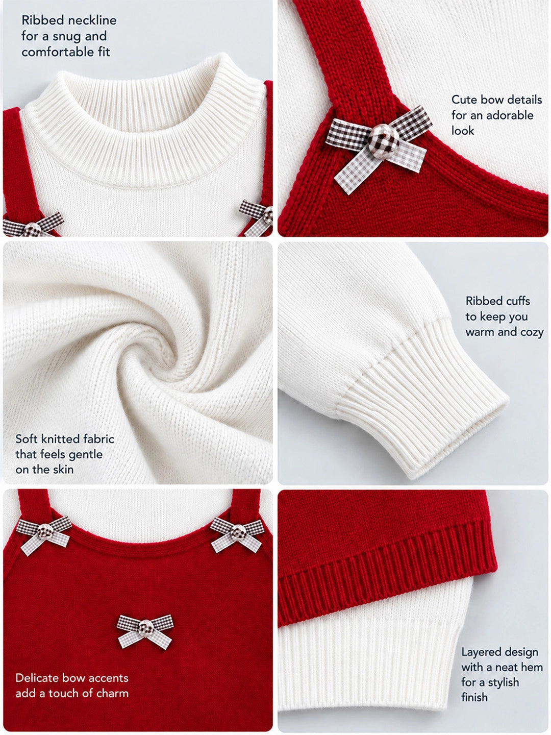 Red Lil Bows jacket Layered look Winter Cardigan, Christmas Sweater for Kids