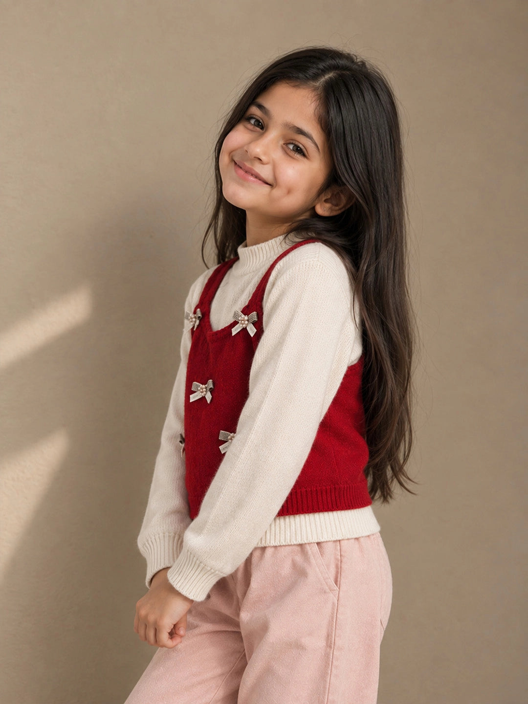 Red Lil Bows jacket Layered look Winter Cardigan, Christmas Sweater for Kids