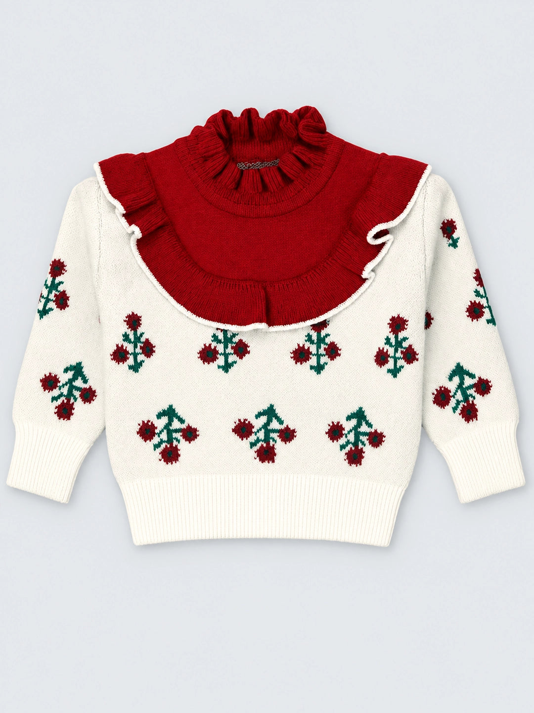 Red Ruffle Neck, Floral Christmas Cardigan Winter Sweater for Kids