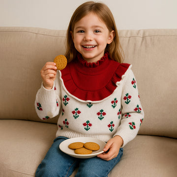 Red Ruffle Neck, Floral Christmas Cardigan Winter Sweater for Kids