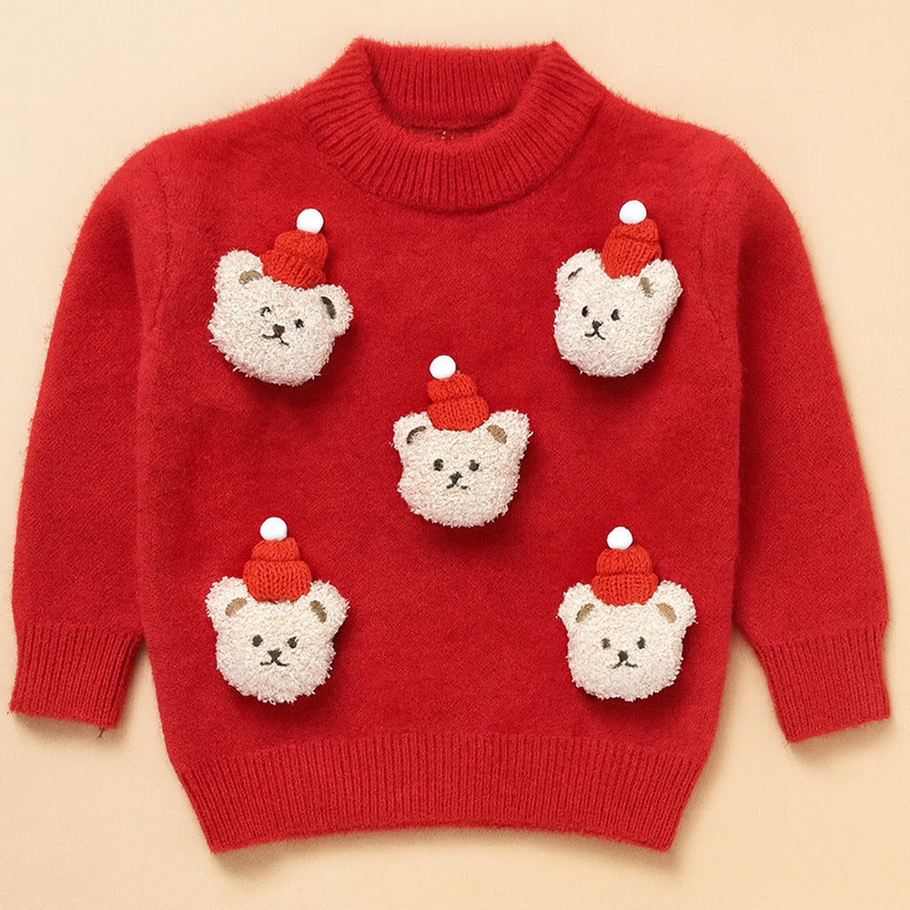Red Teddy Cap Christmas Winter Cardigan Sweater for Kids