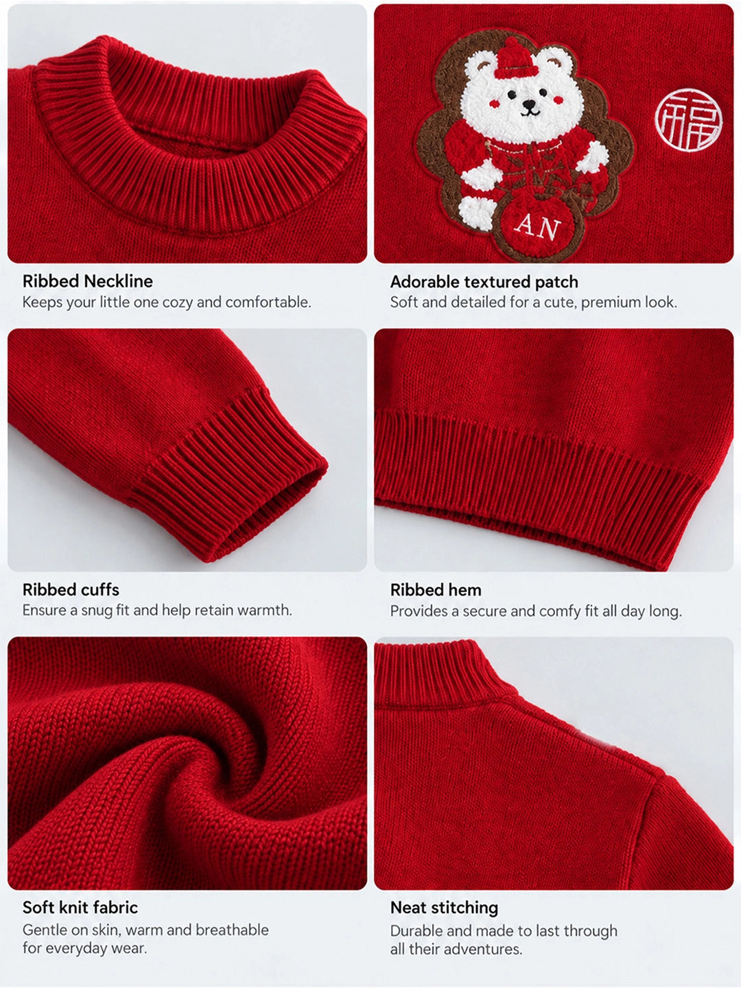 Red White Bear Knitted Winter Cardigan, Christmas Sweater for Kids