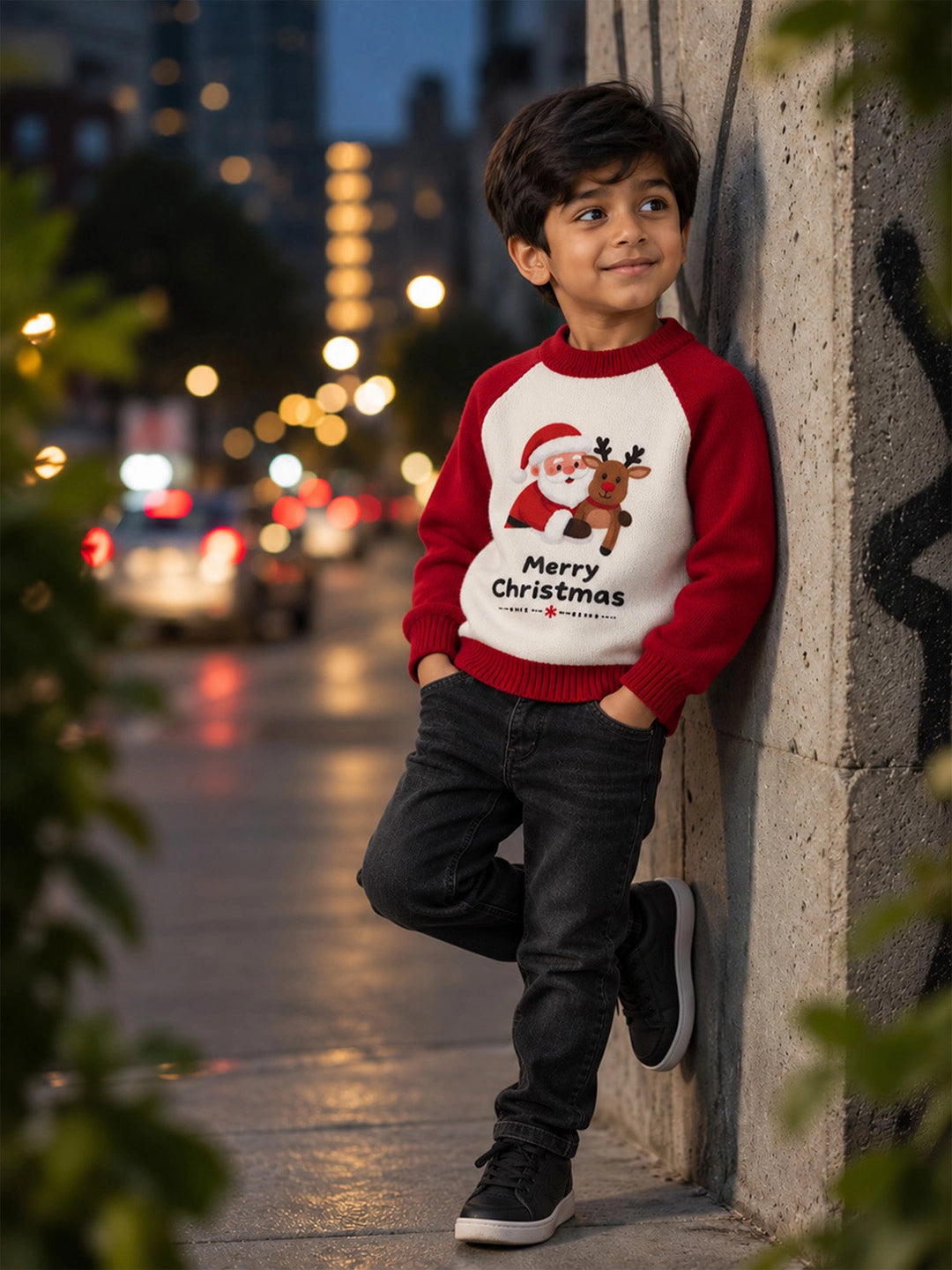 Santa with Reindeer Knitted Winter Cardigan, Christmas Sweater for Kids