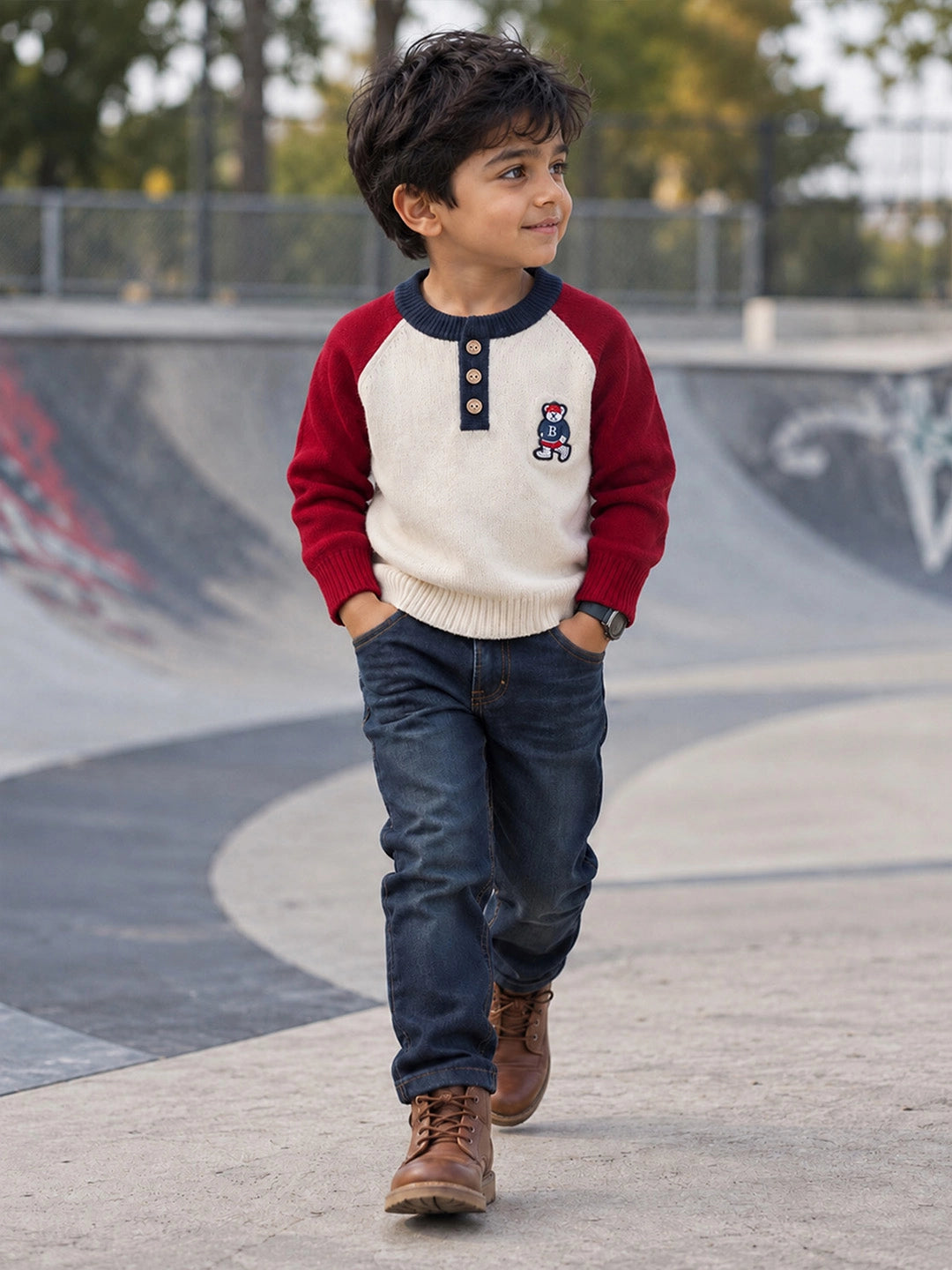 Cream & Maroon Sporty Bear Winter Cardigan, Christmas Sweater for Kids