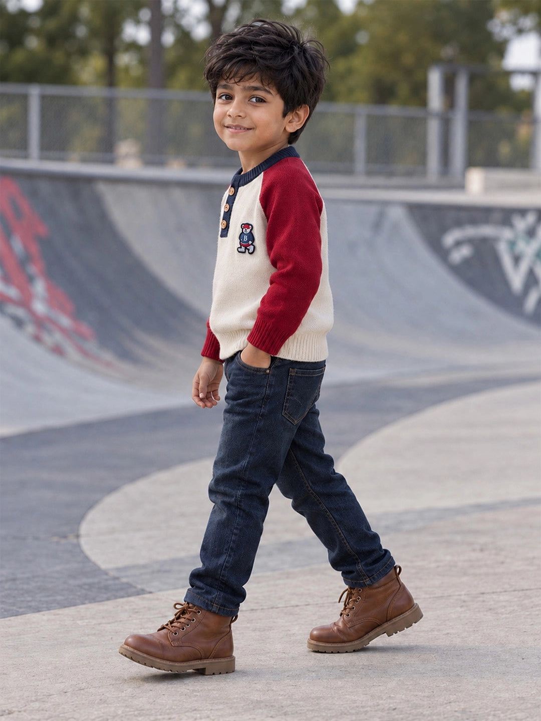Cream & Maroon Sporty Bear Winter Cardigan, Christmas Sweater for Kids