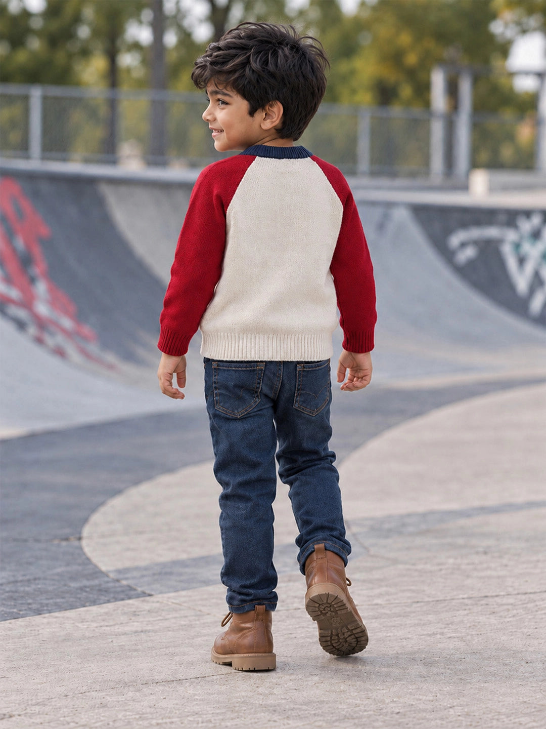 Cream & Maroon Sporty Bear Winter Cardigan, Christmas Sweater for Kids
