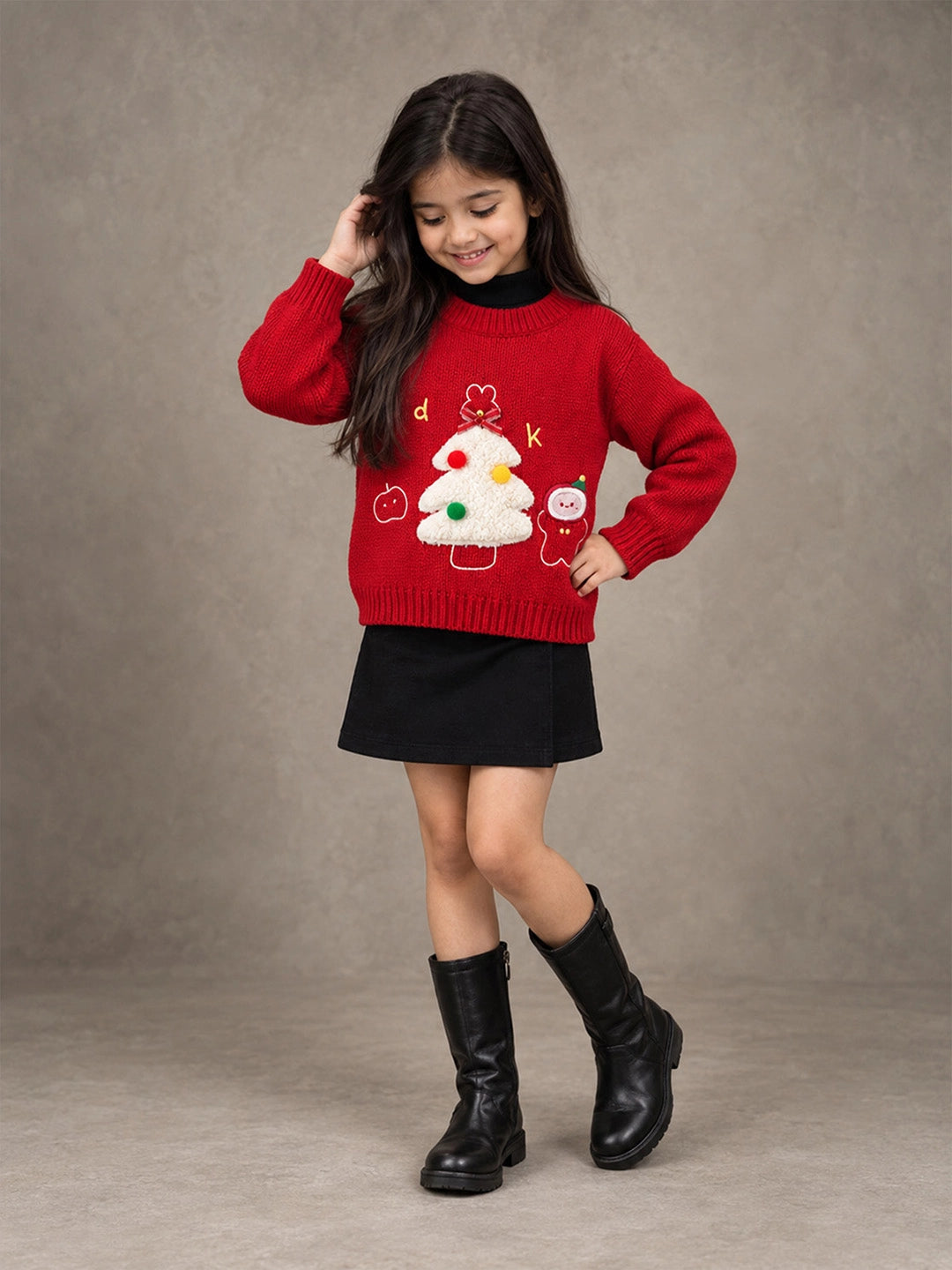 Red Christmas Tree & Gingerbread Knitted Winter Cardigan, Christmas Sweater for Kids