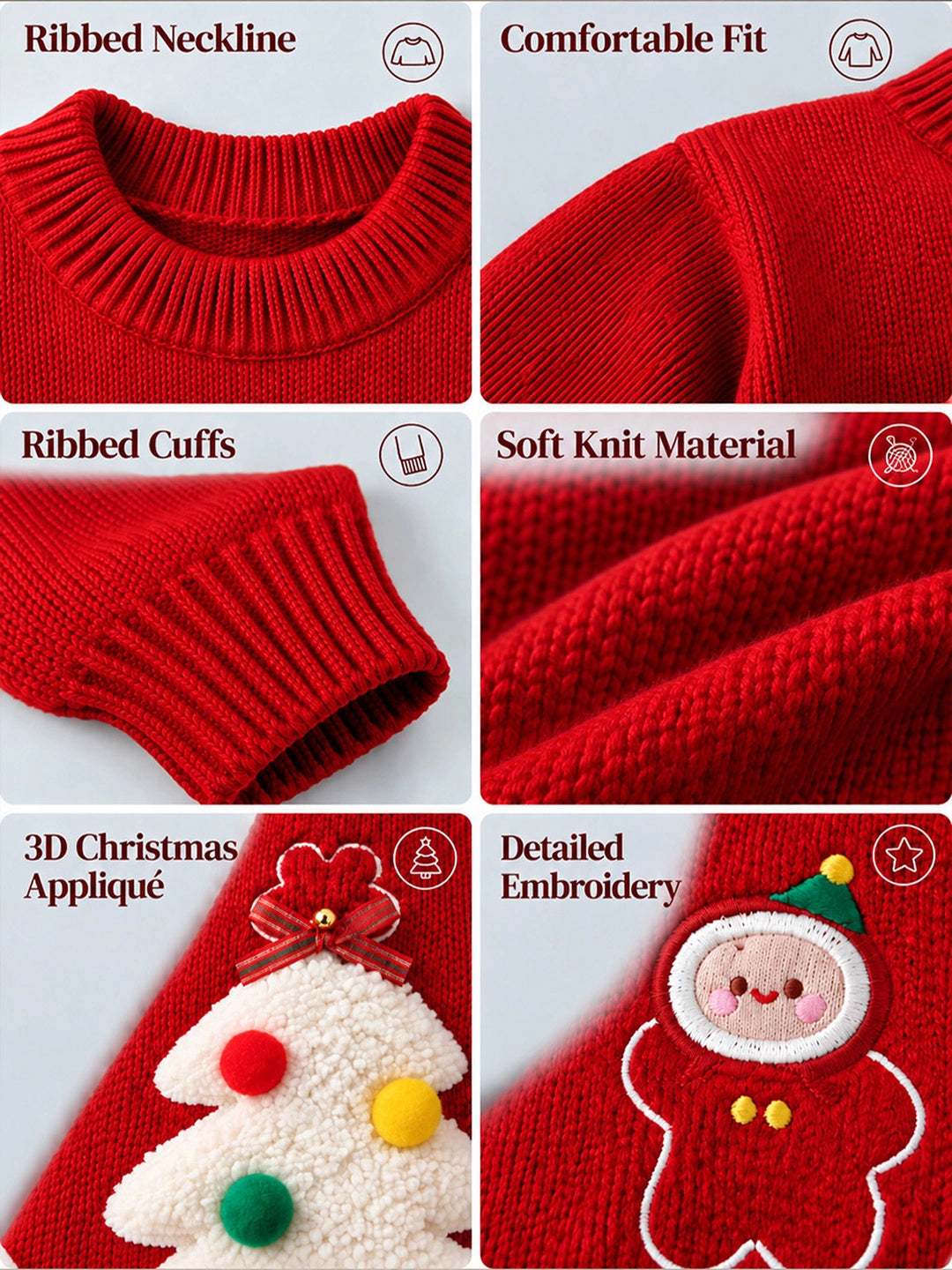 Red Christmas Tree & Gingerbread Knitted Winter Cardigan, Christmas Sweater for Kids