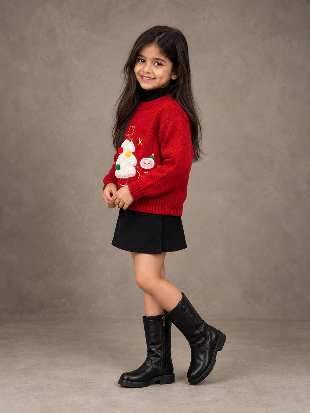 Red Christmas Tree & Gingerbread Knitted Winter Cardigan, Christmas Sweater for Kids