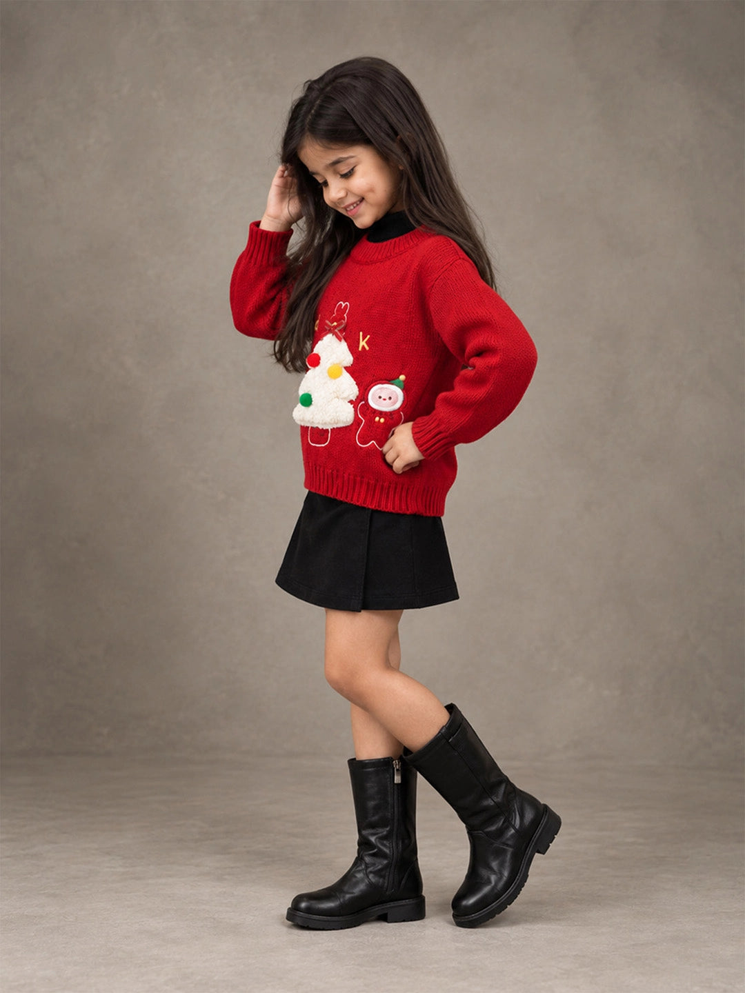 Red Christmas Tree & Gingerbread Knitted Winter Cardigan, Christmas Sweater for Kids
