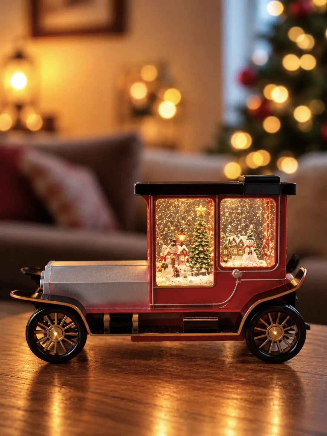 Christmas Village Vintage Car, with Musical Glitter Water and Lights, Christmas Home Décor