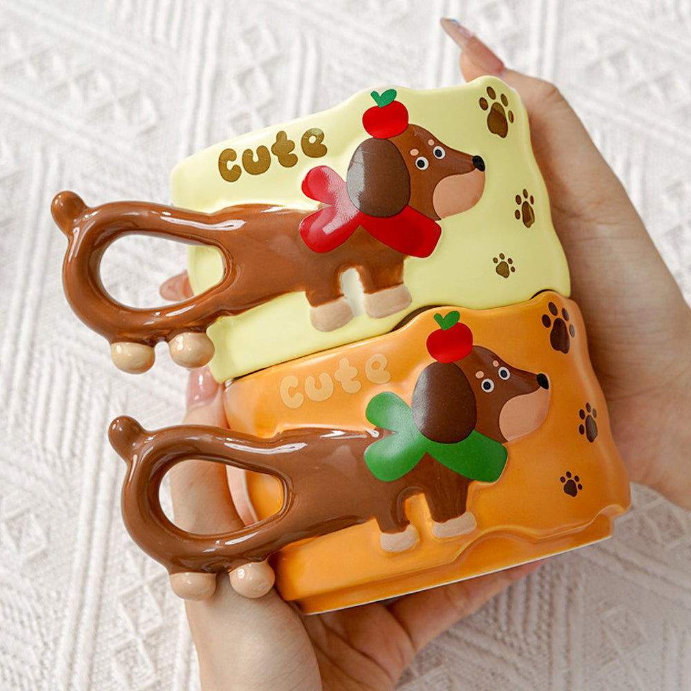 2pcs Stacked Orange & Yellow Puppy Tail Handle Christmas & Pet lover Ceramic Mugs