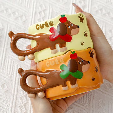 2pcs Stacked Orange & Yellow Puppy Tail Handle Christmas & Pet lover Ceramic Mugs