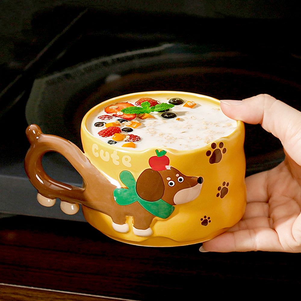 2pcs Stacked Orange & Yellow Puppy Tail Handle Christmas & Pet lover Ceramic Mugs