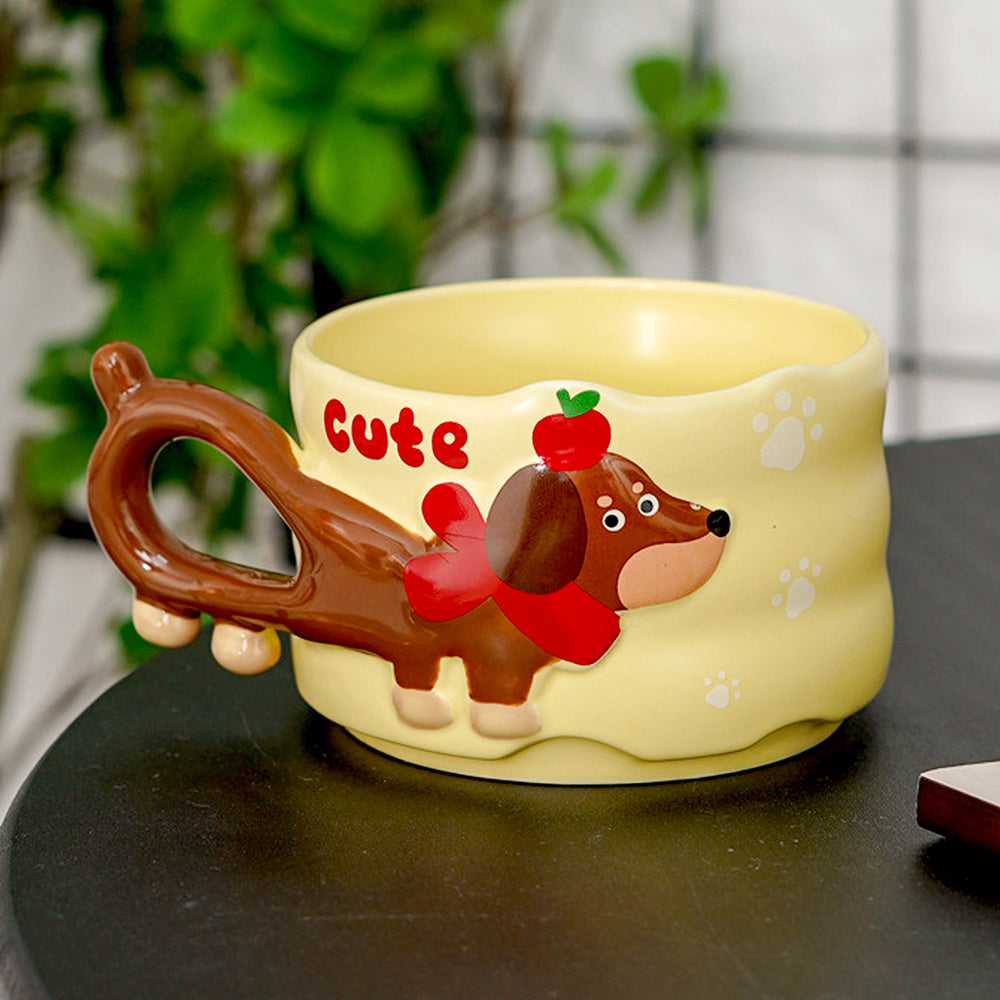 2pcs Stacked Orange & Yellow Puppy Tail Handle Christmas & Pet lover Ceramic Mugs
