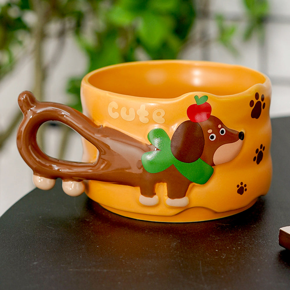 2pcs Stacked Orange & Yellow Puppy Tail Handle Christmas & Pet lover Ceramic Mugs