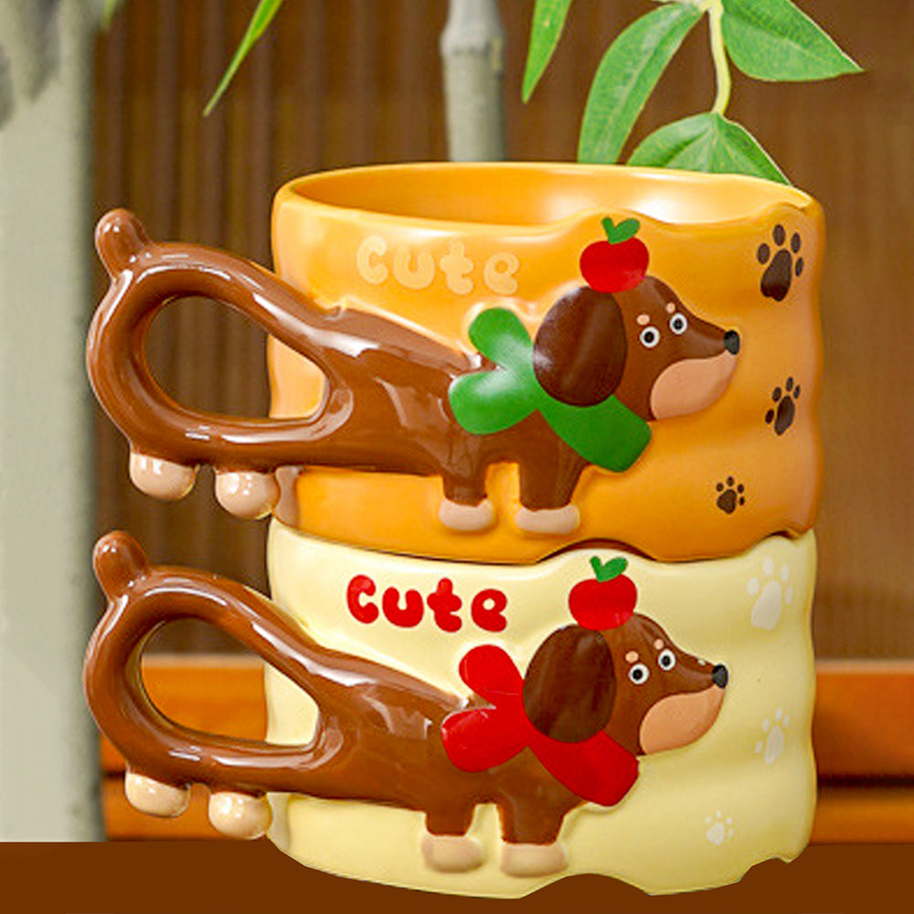 2pcs Stacked Orange & Yellow Puppy Tail Handle Christmas & Pet lover Ceramic Mugs