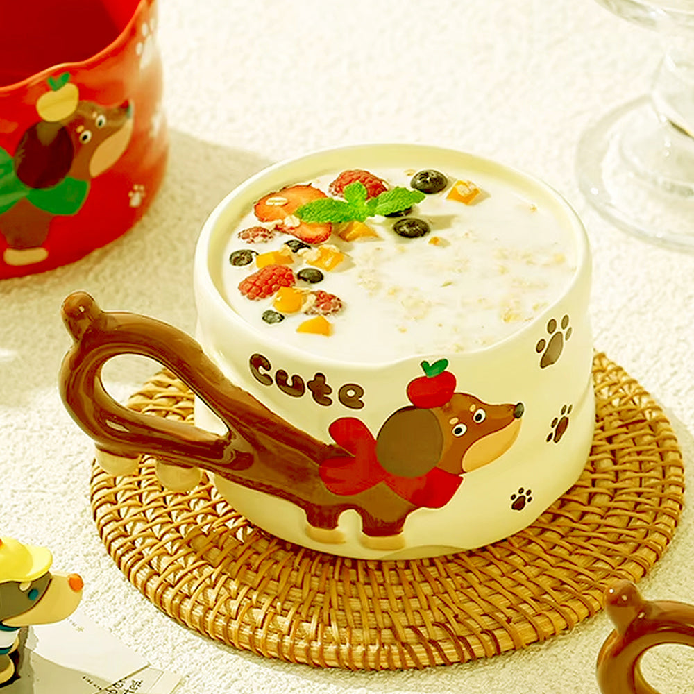 2pcs Stacked Orange & Yellow Puppy Tail Handle Christmas & Pet lover Ceramic Mugs