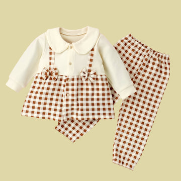 2pcs Brown Checks Long Frock style Top with matching full Pants