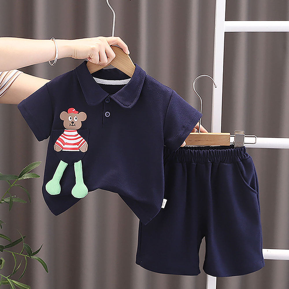 Navy Long Legs Teddy 2 Pcs Shorts Set For Toddlers And Kids