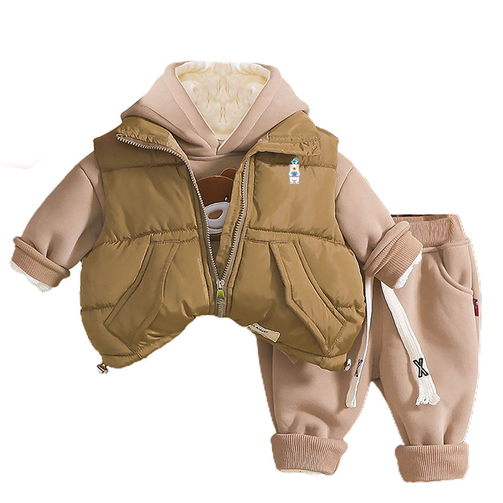 Olive Green Brown Puffer Jacket And Matching Track Suit 3 Pcs Winterwear Set For Toddlers And Kids