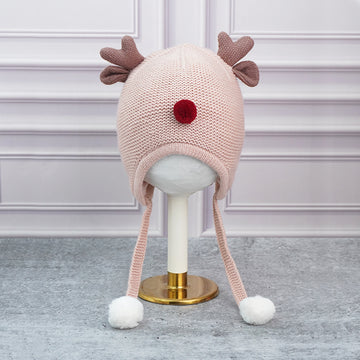 Peach Baby Antler Knitted soft Woolen Winter Cap with tie up, 6-18 months