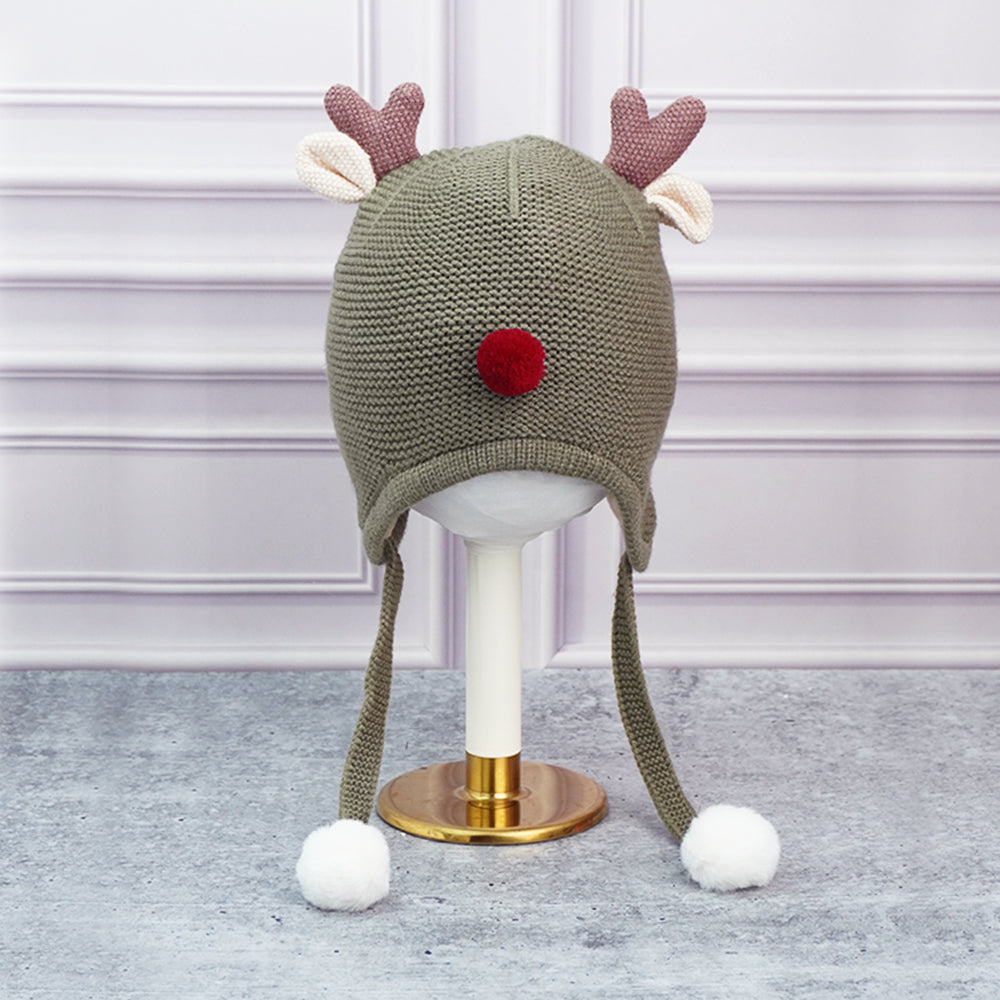 Olive Baby Antler Knitted soft Woolen Winter Cap with tie up, 6-18 months