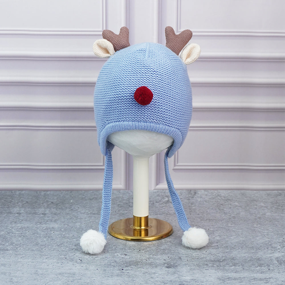 Blue Baby Antler Knitted soft Woolen Winter Cap with tie up, 6-18 months