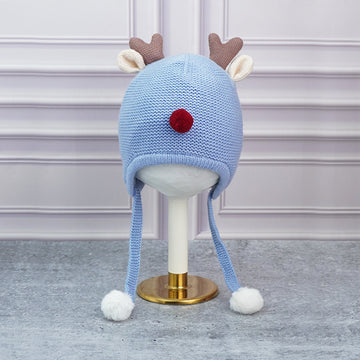 Blue Baby Antler Knitted soft Woolen Winter Cap with tie up, 6-18 months