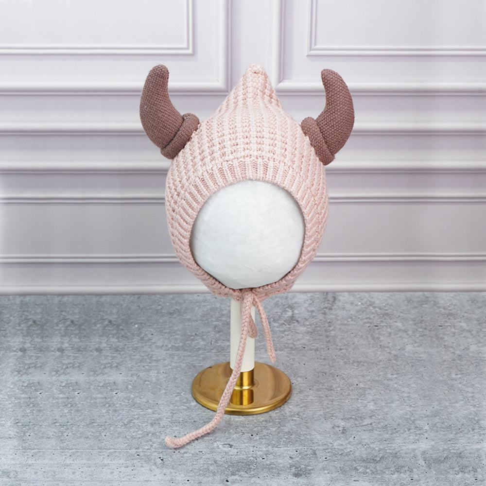 Peach Baby Horns Knitted soft Woolen Winter Cap with tie up, 6-18 months